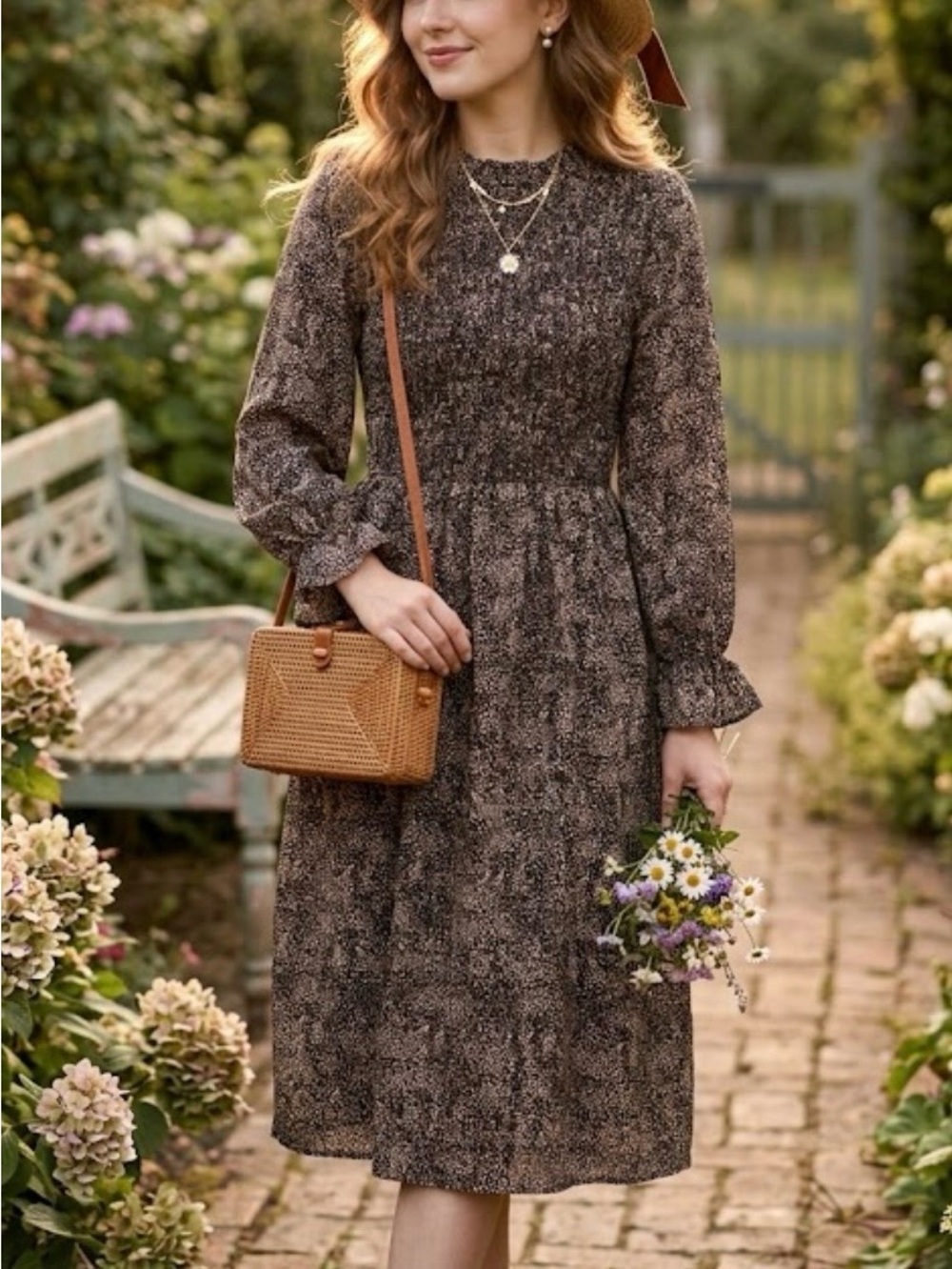 New Tulip B Smocked Waist Midi Dress in Black and Cream Modern Vintage